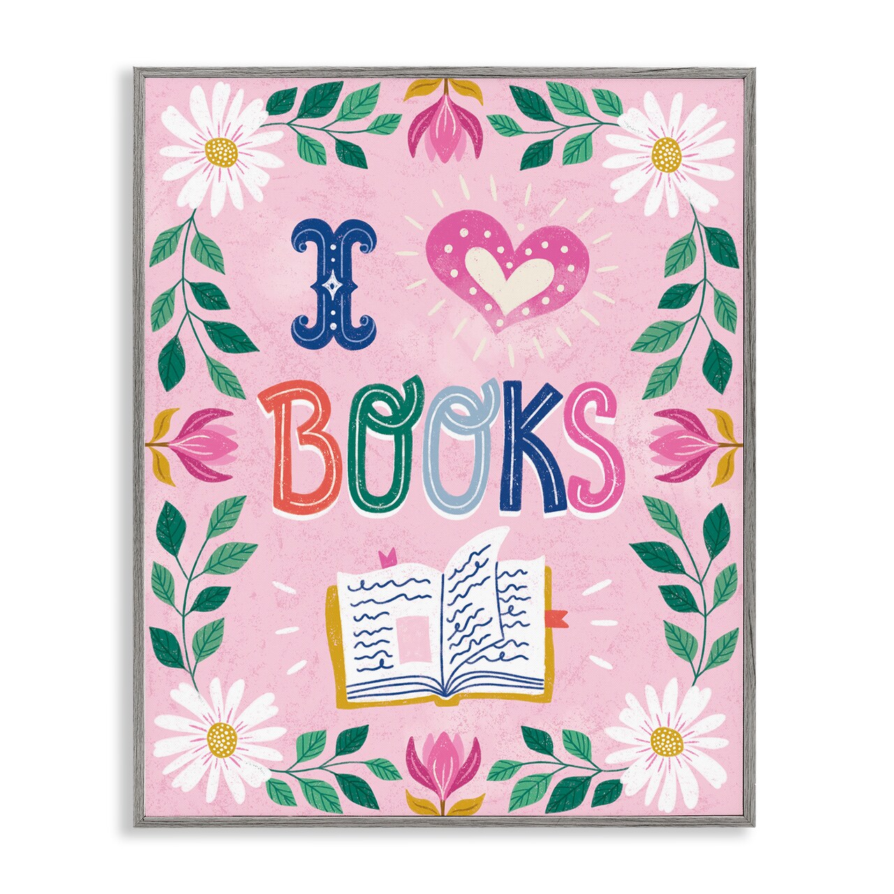 Stupell Industries Floral I Love Books Framed Giclee, design by Vanessa Stoilova